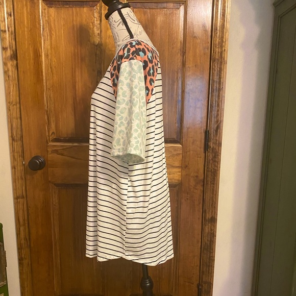 BiBi Short Sleeve V-Neck Striped/Leopard Tunic - Picture 3 of 7